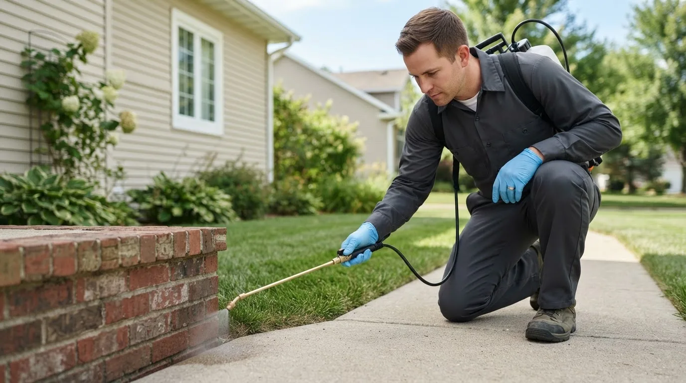 Pest control technician treating a home near Yorkshire, OH