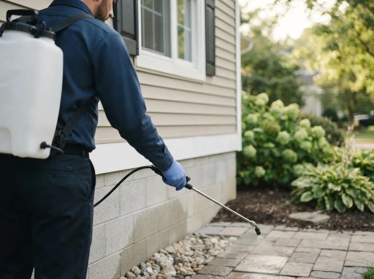 Pest control technician inspecting a home in Yorkshire, OH